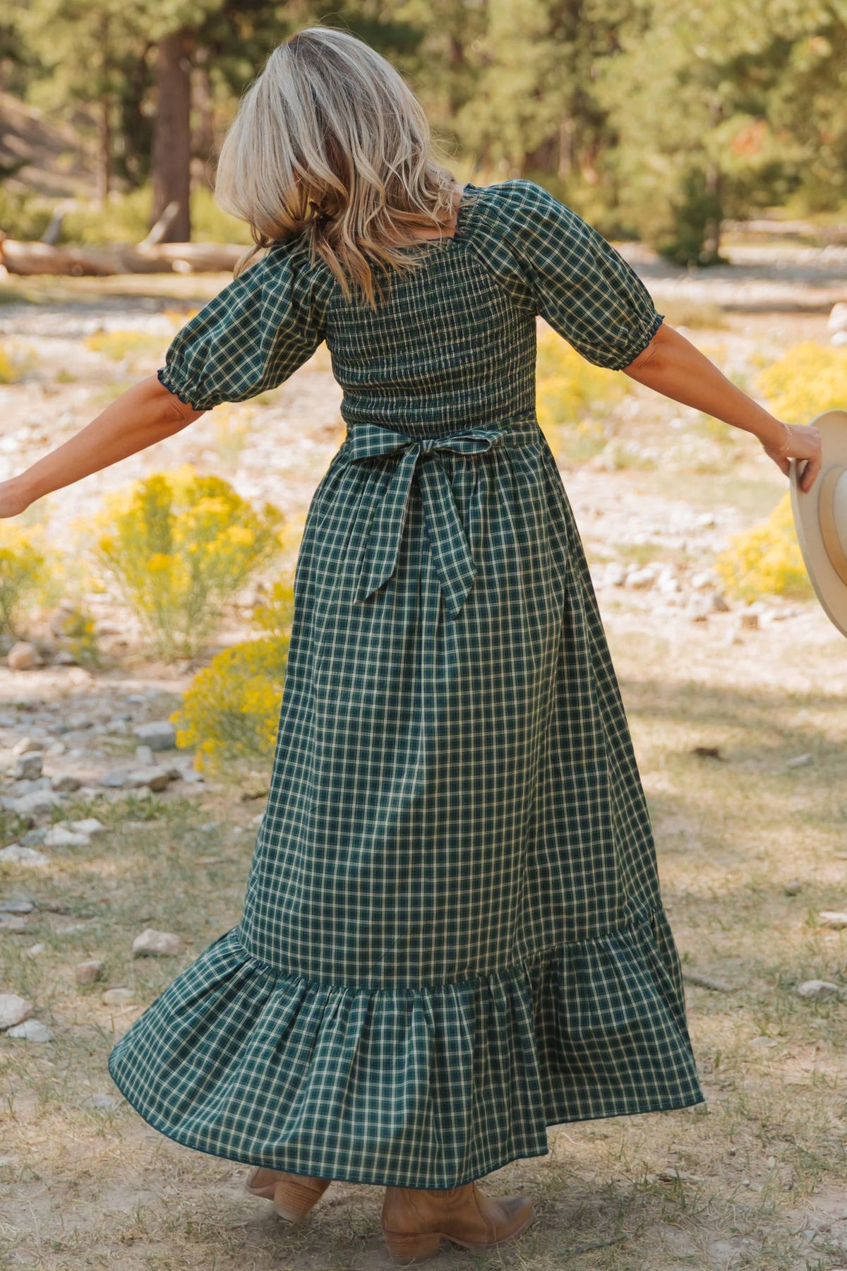Green Plaid Square Neck Shirred Ruffle Hem Dress
