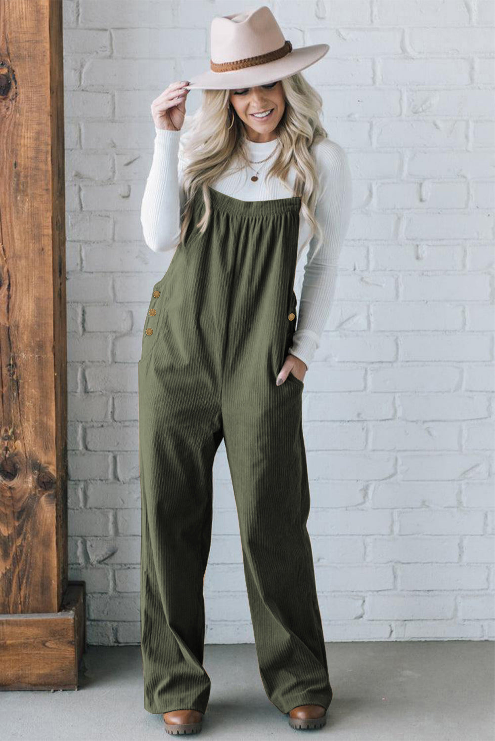 Jungle Green Corduroy Adjustable Strap Jumpsuit