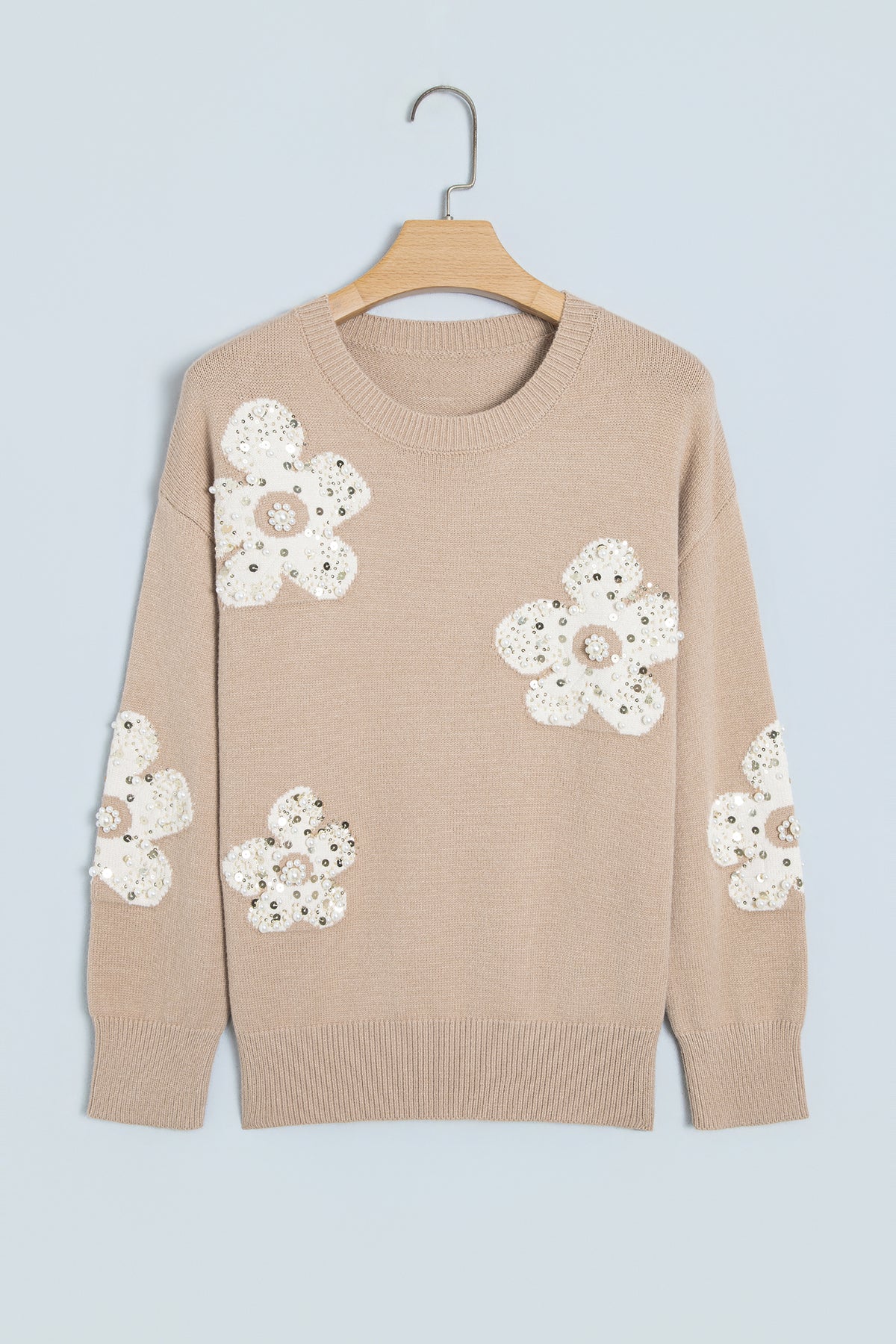 Smoke Gray Beaded Floral Patchwork Sweater
