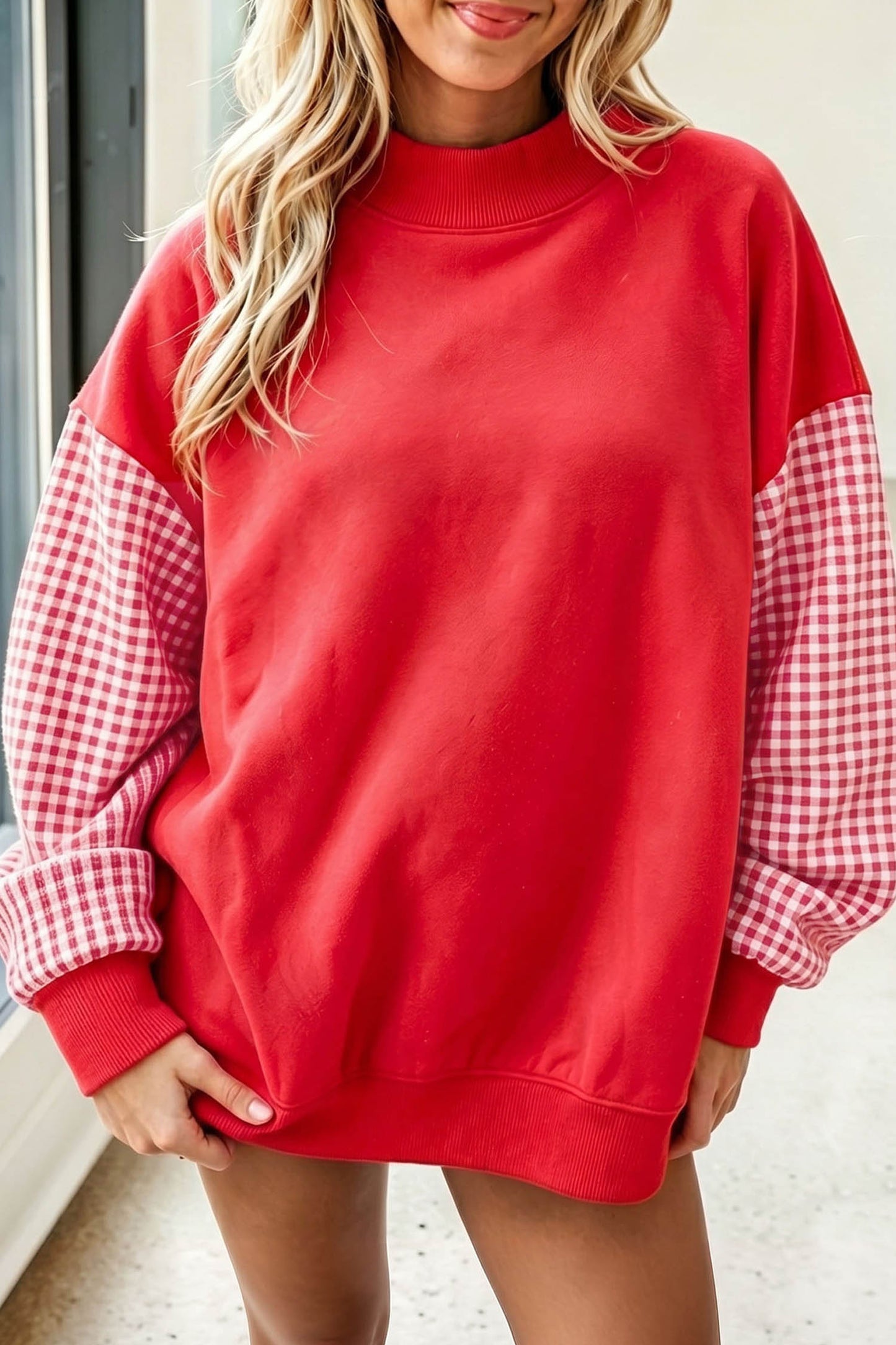 Plaid Sleeve Colorblock Tunic Sweatshirt