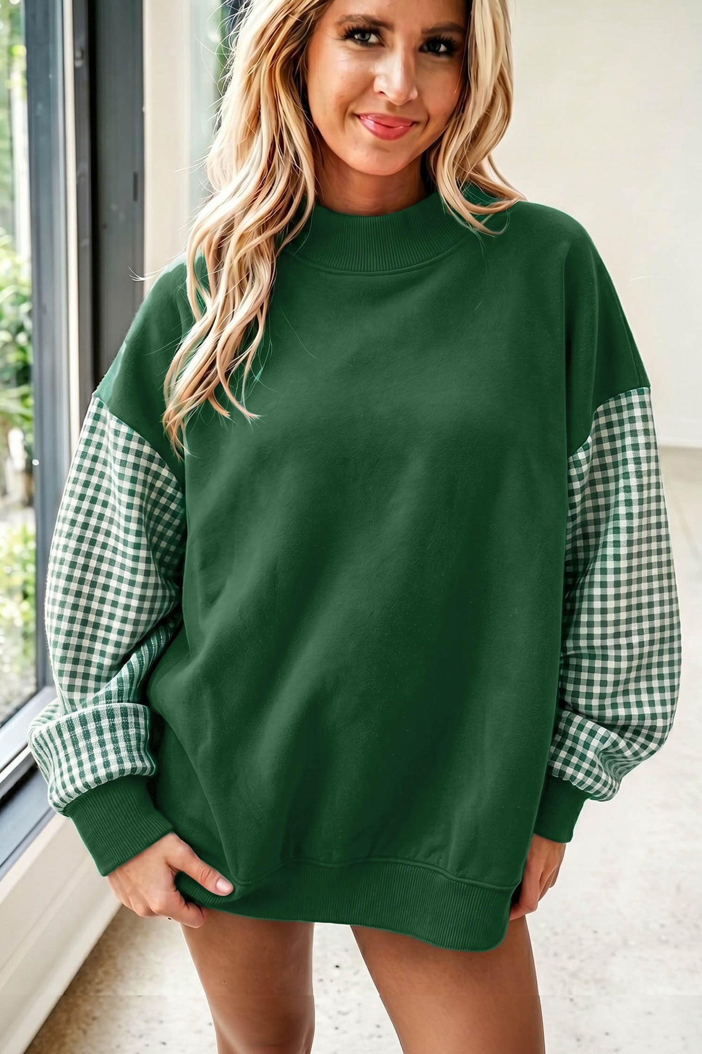 Plaid Sleeve Colorblock Tunic Sweatshirt