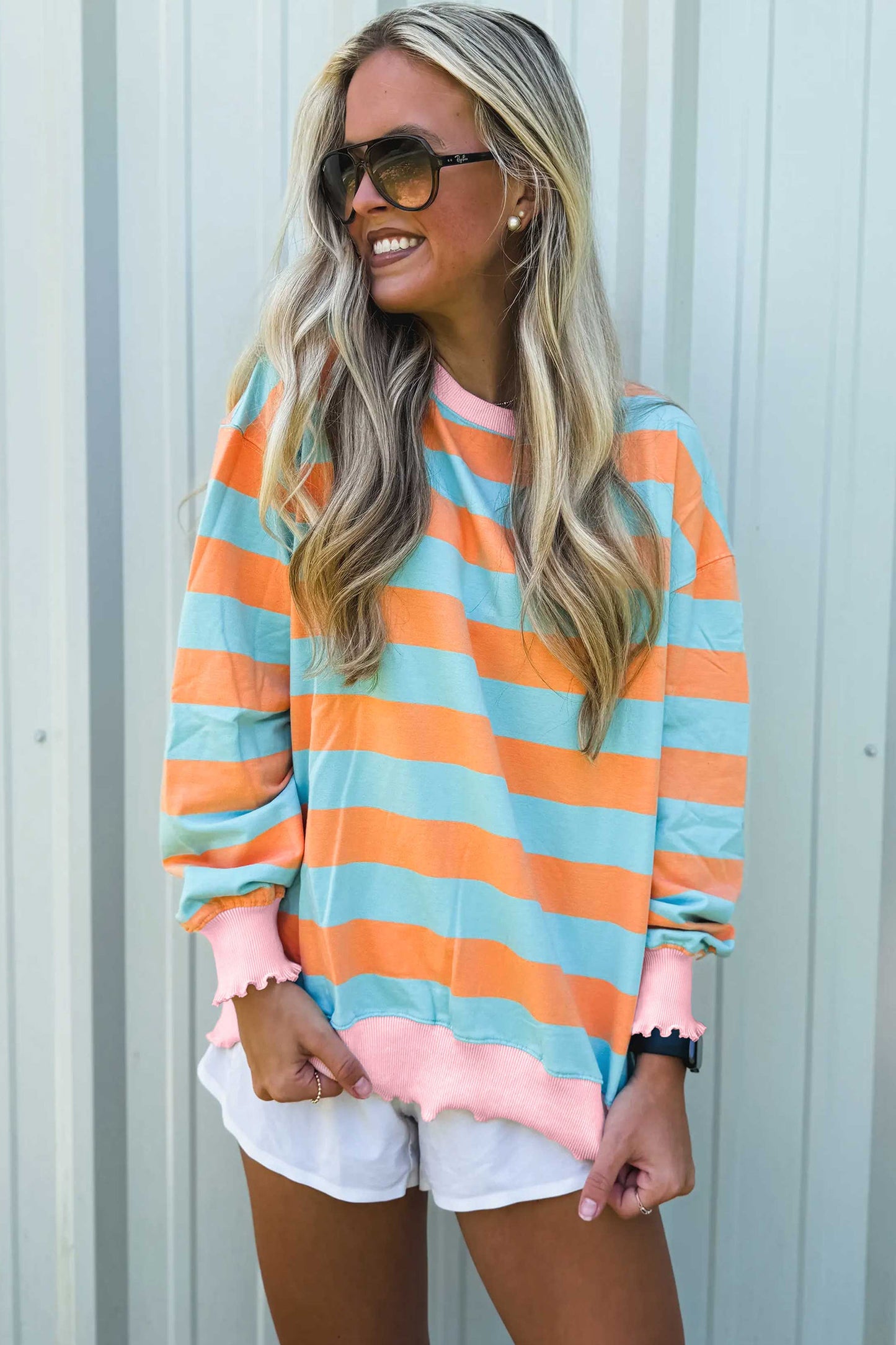 Orange Stripe Ribbed Color Block Long Sleeve Top
