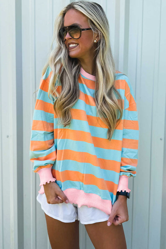 Orange Stripe Ribbed Color Block Long Sleeve Top