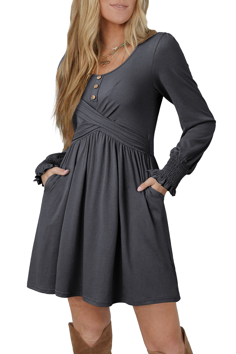 Dark Grey Shirred Cuff Long Sleeve Button Mini Dress