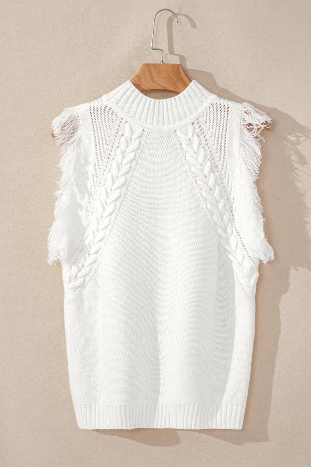 White Woven Cable Knit Tassel Sleeveless Mock Neck Vest Top
