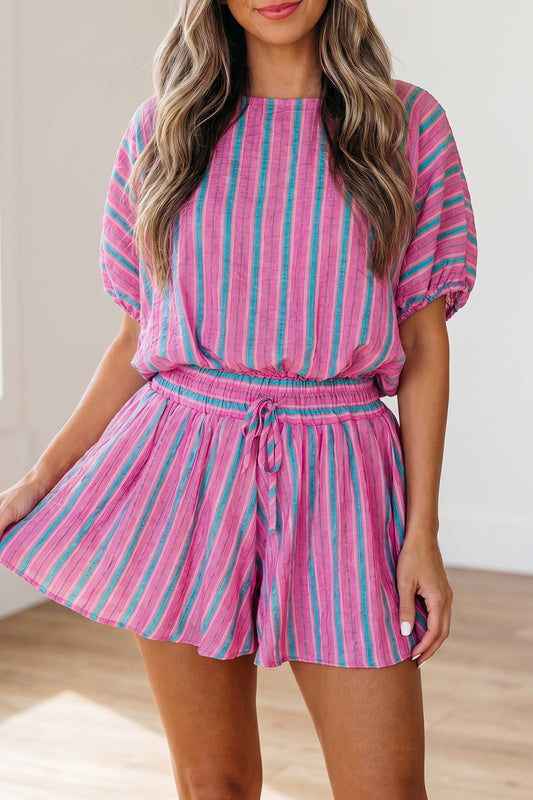 Pink Stripe Dolman Blouse & Drawstring Short Set