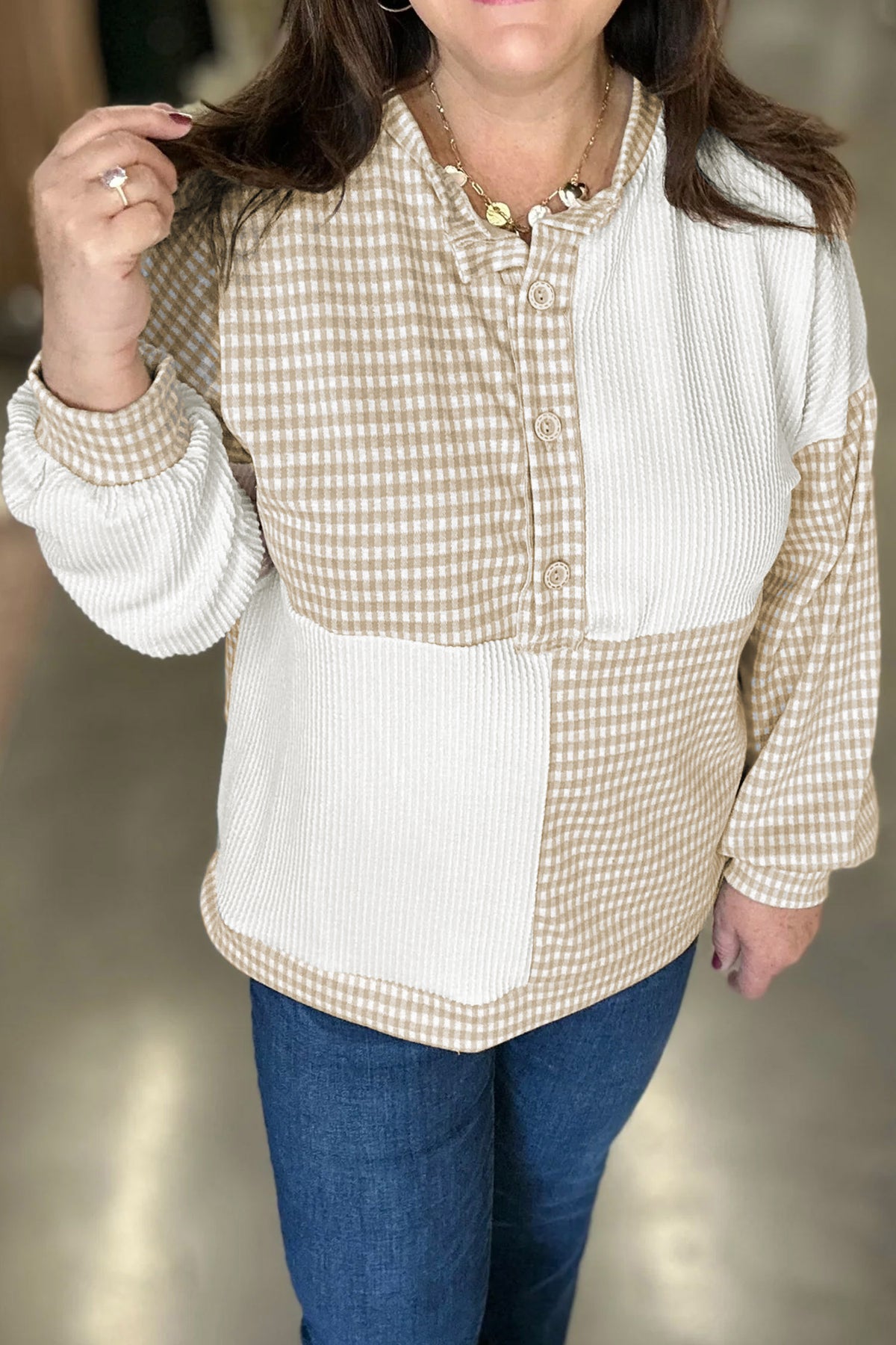 Khaki Patchwork Checkered Long Sleeve Plus Size Blouse