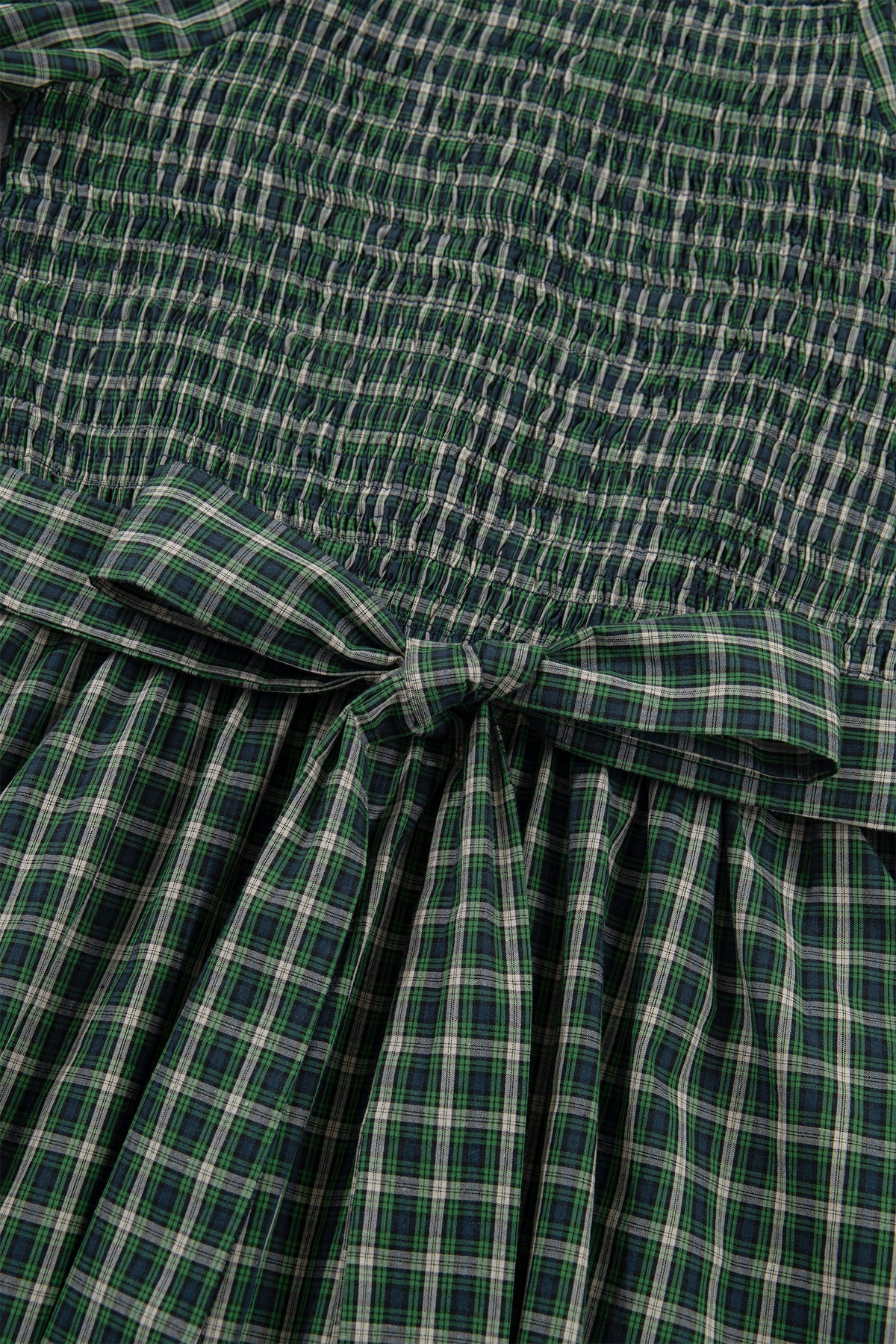 Green Plaid Square Neck Shirred Ruffle Hem Dress