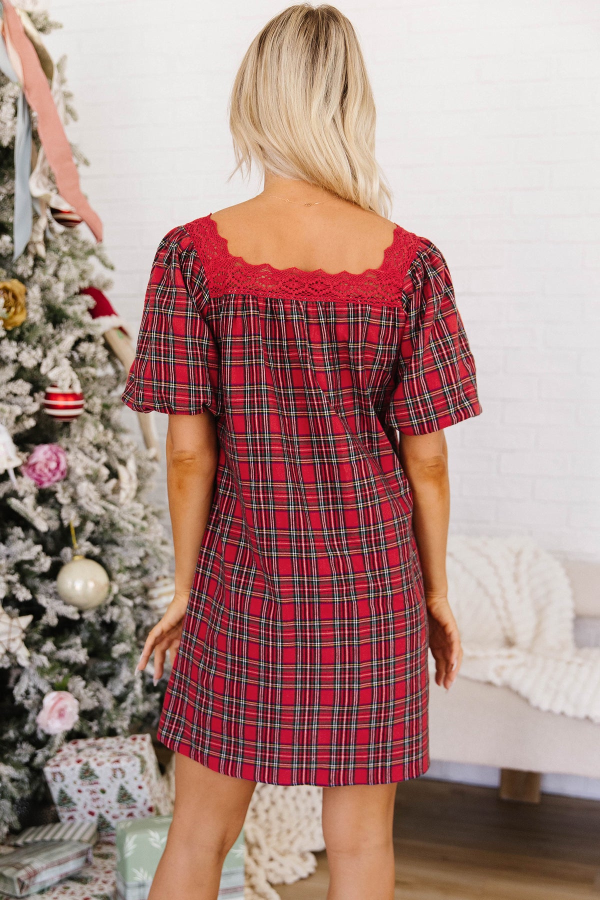 Red Plaid Lace-Trim Puff-Sleeve Mini Dress