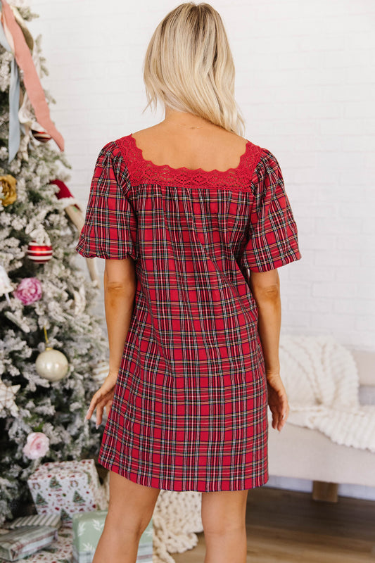 Red Plaid Lace-Trim Puff-Sleeve Mini Dress