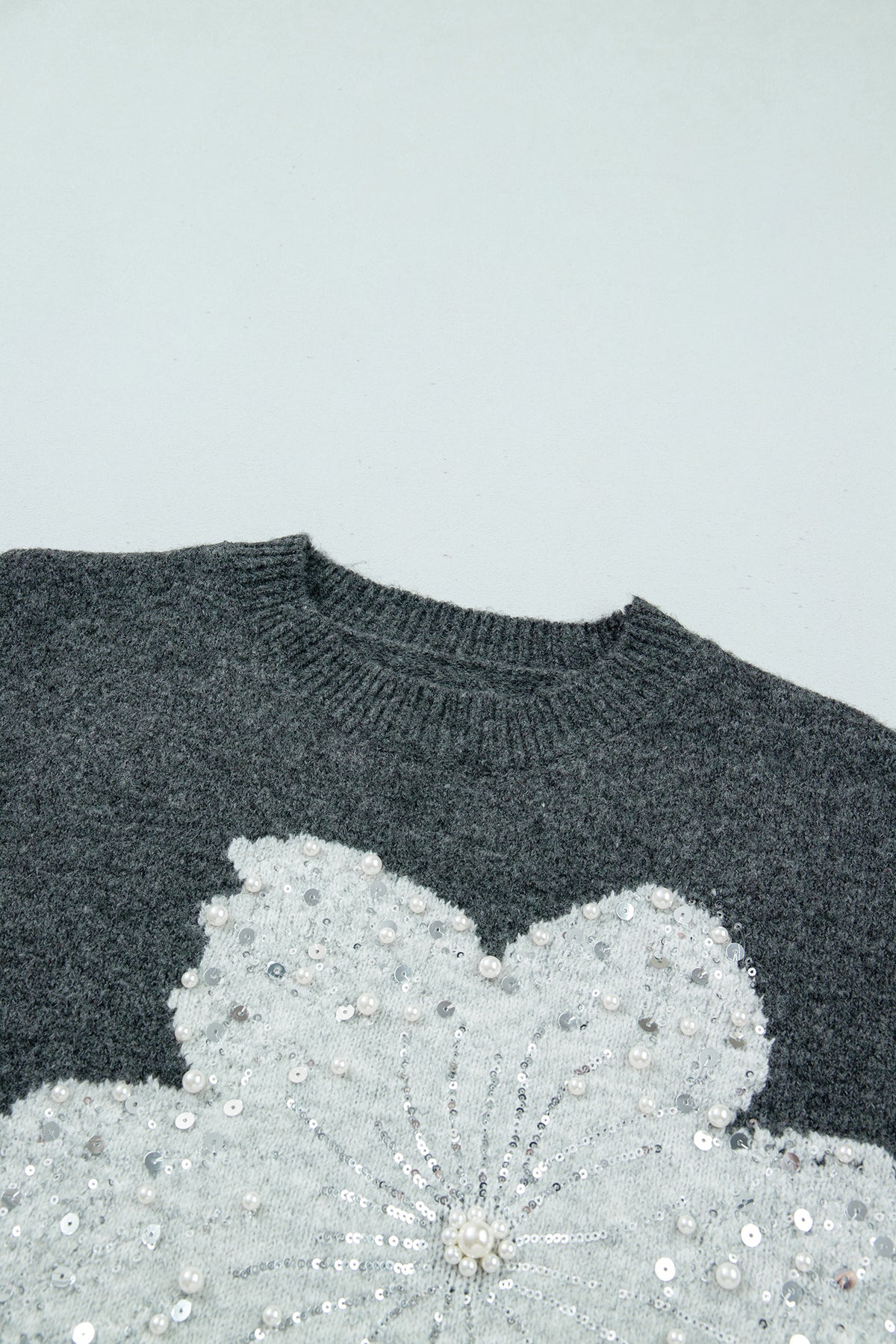 Dark Grey Beaded Floral Sweater