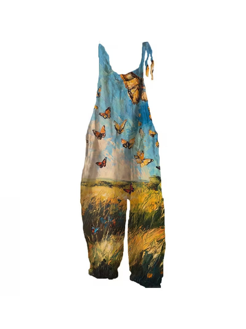 Women's Fun Print Wide-Leg Suspender Overalls