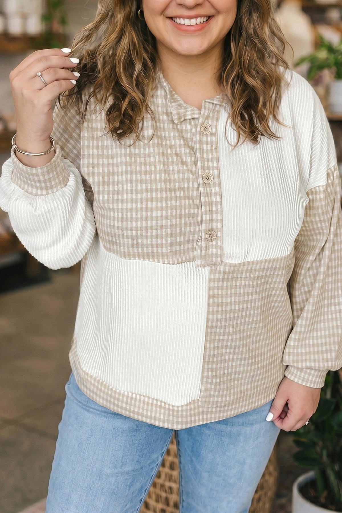 Khaki Patchwork Checkered Long Sleeve Plus Size Blouse