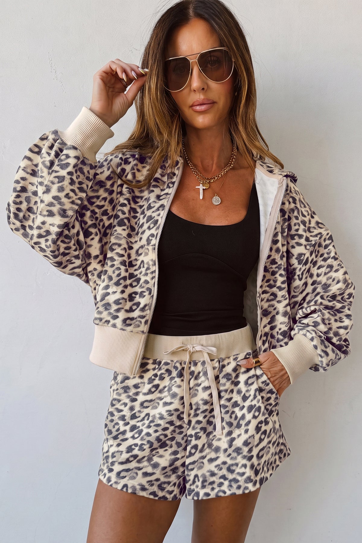 Multicolor Leopard Zip-Up Shorts Set
