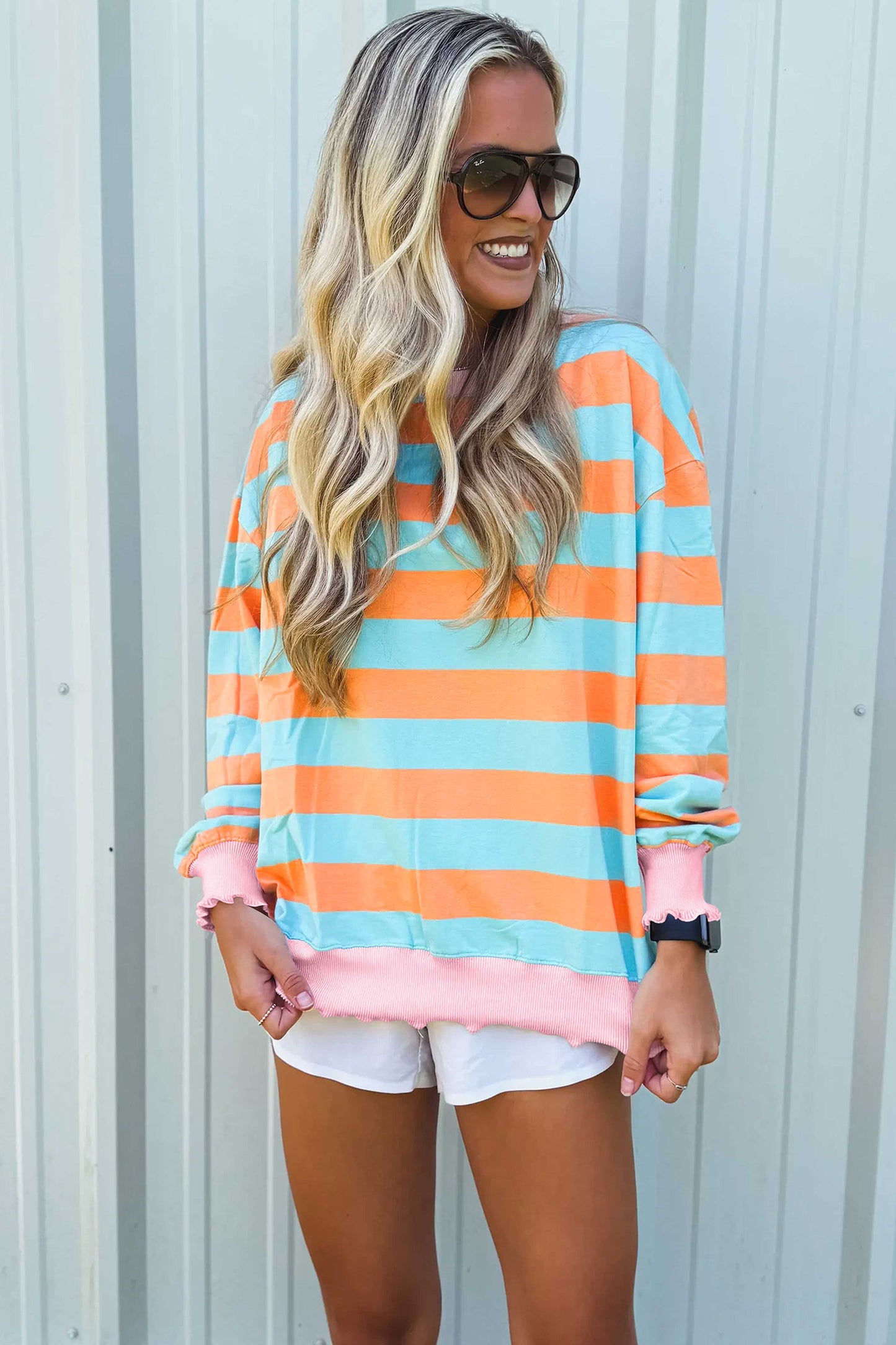 Orange Stripe Ribbed Color Block Long Sleeve Top