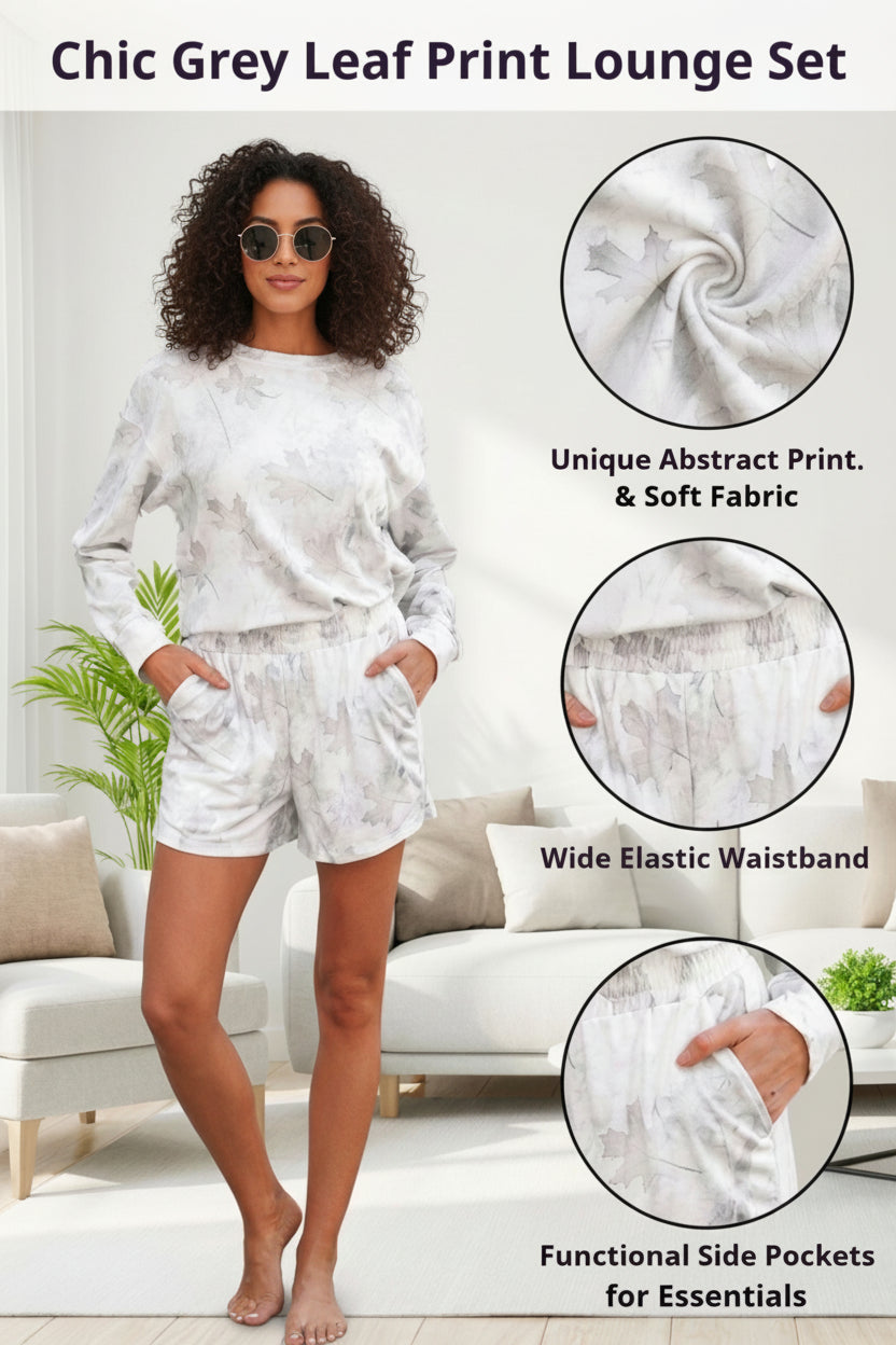 Beige Maple Camo Print Pullover Top and Elastic Waist Casual Short Set