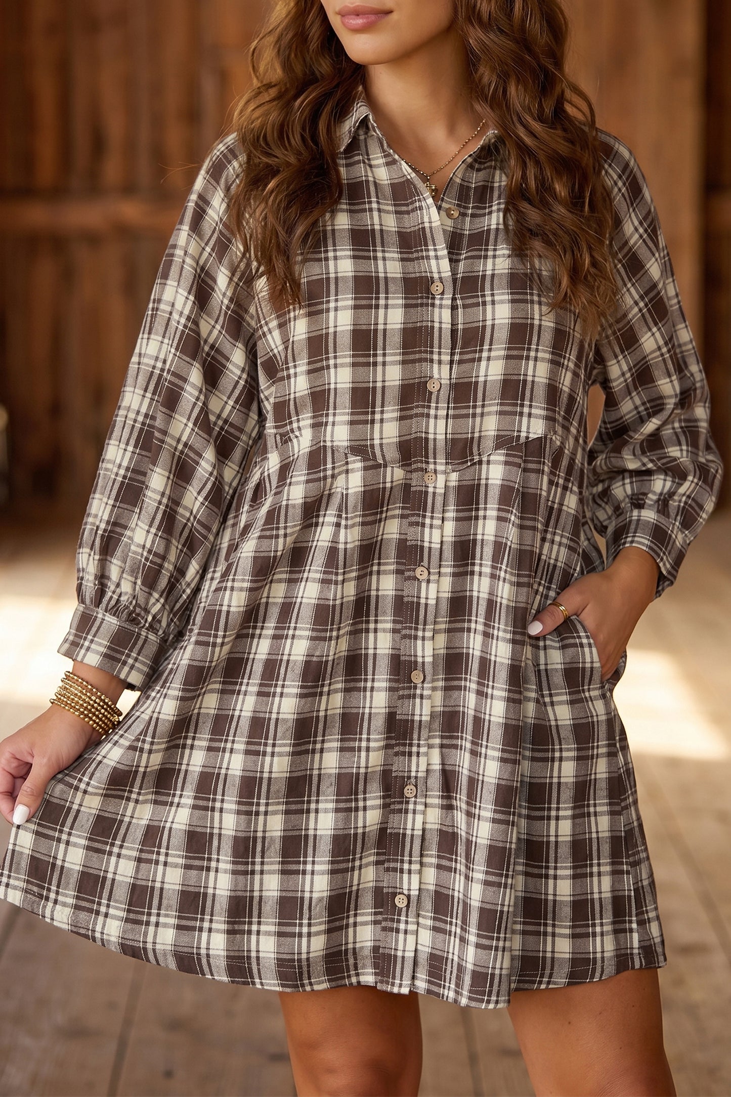 Brown Plaid Long Sleeve Mini Shift Dress