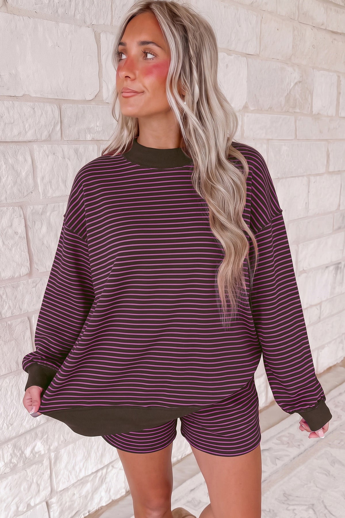 Striped Ribbed Mock-Neck Two-Piece Set