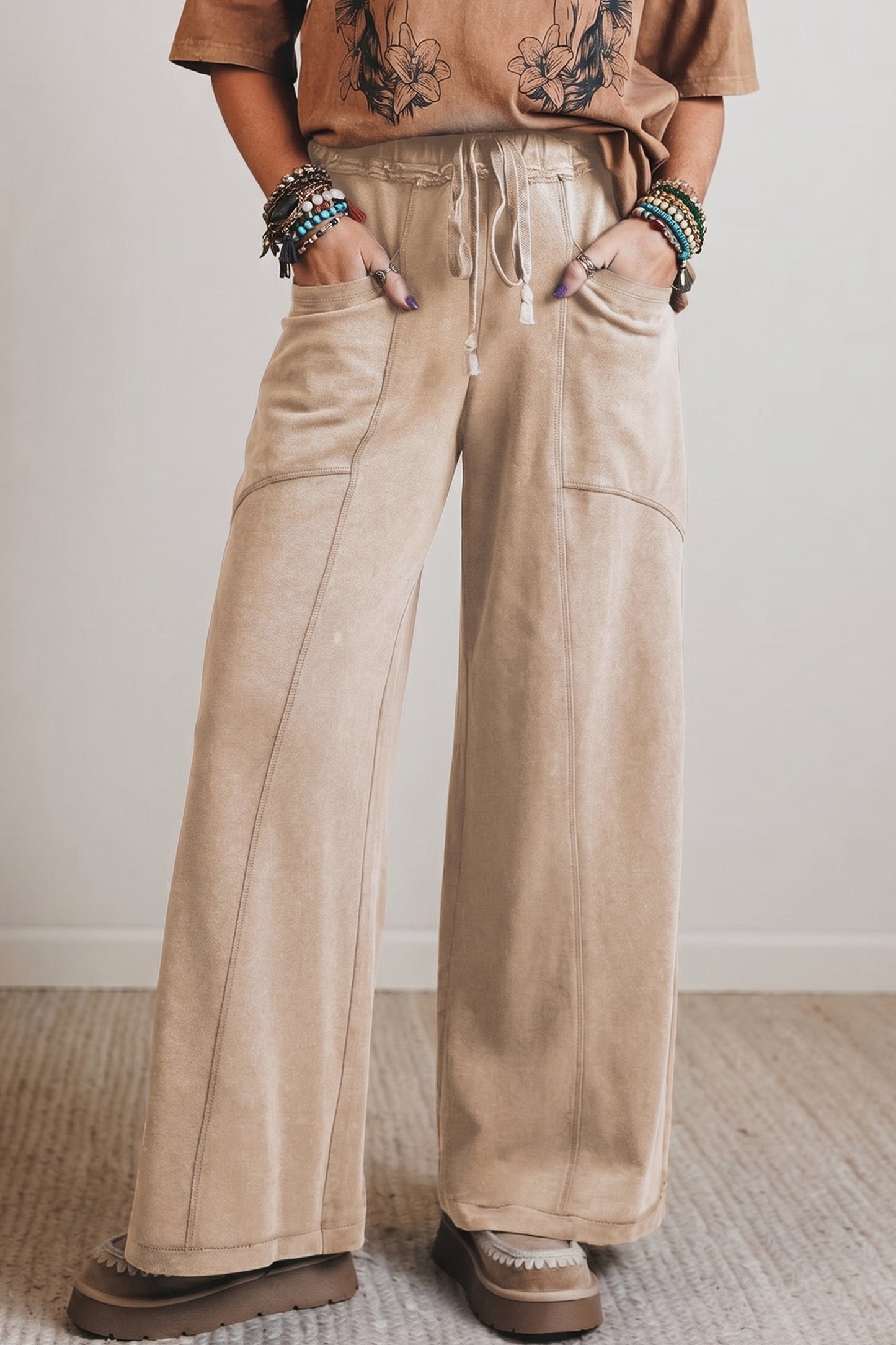 Smoke Gray Mineral Wash Drawstring Retro High Waist Wide Leg Western Pants