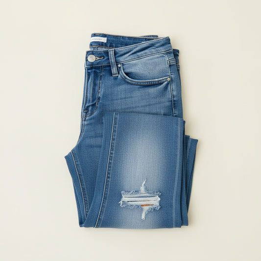 Sky Blue Slight Distressed Medium Wash Flare Jeans