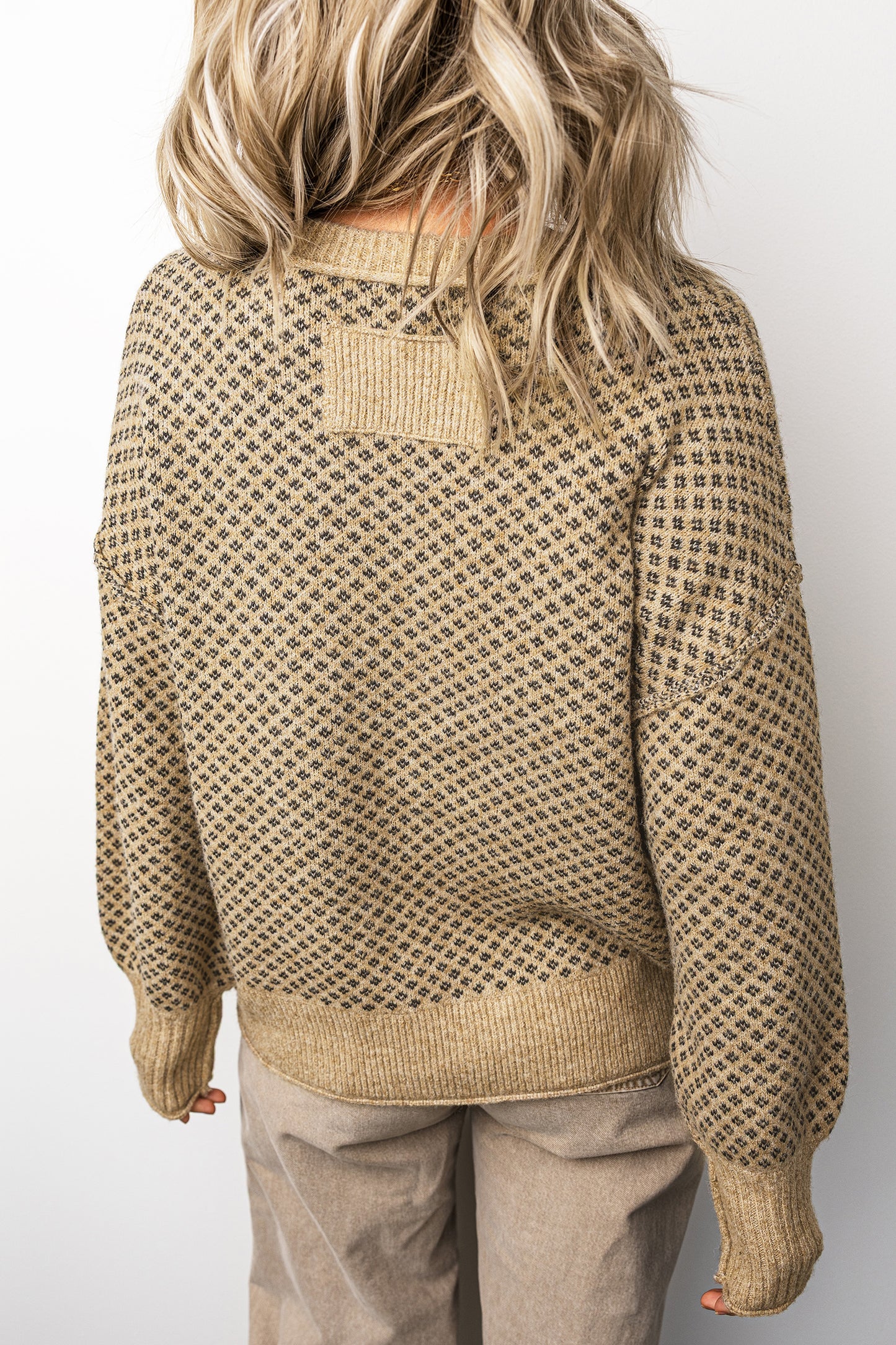 Khaki Geometric Print Drop Shoulder Sweater