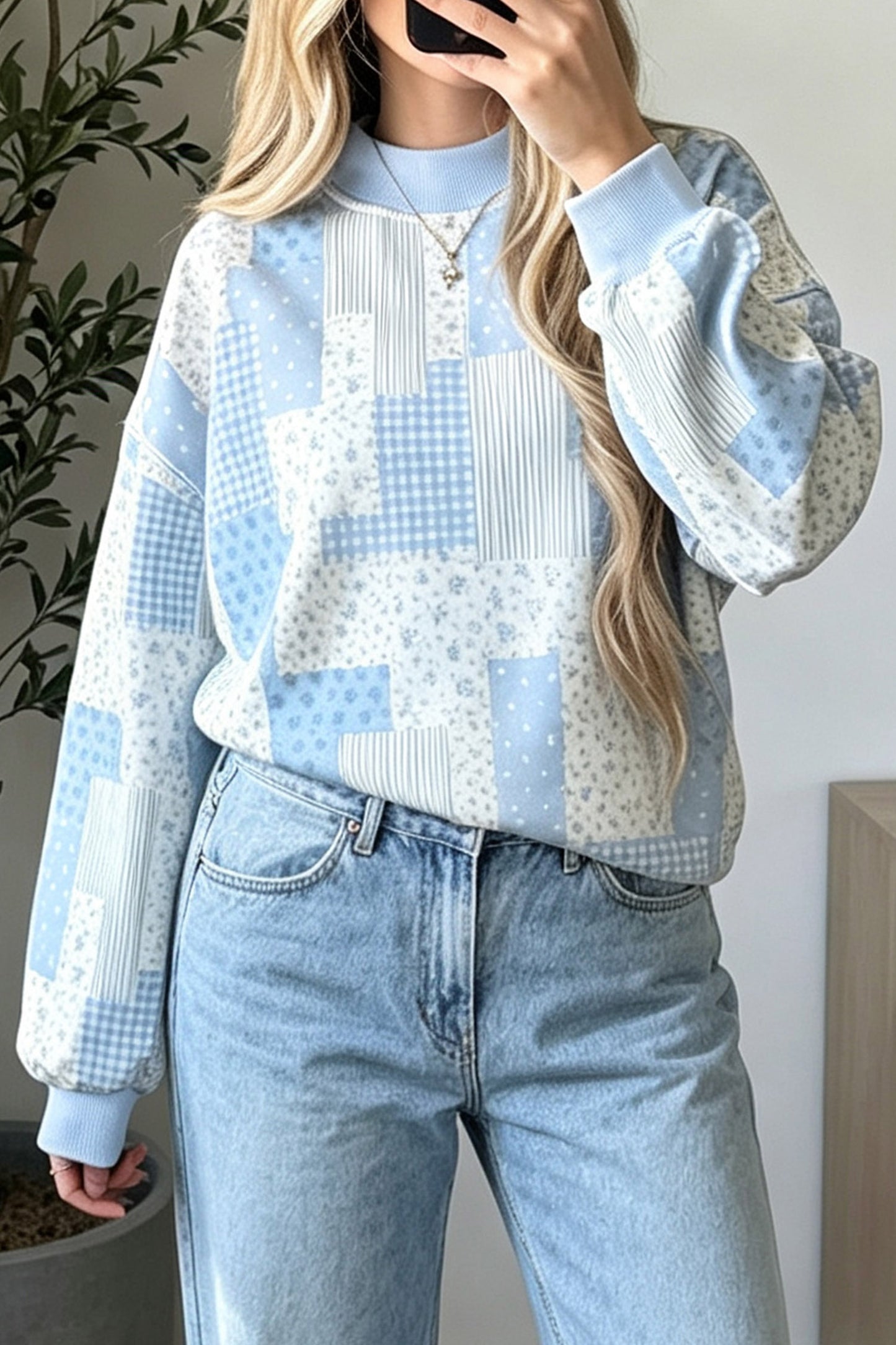 Khaki Patchwork Floral Print Mock Neck Long Sleeve Sweatshirt