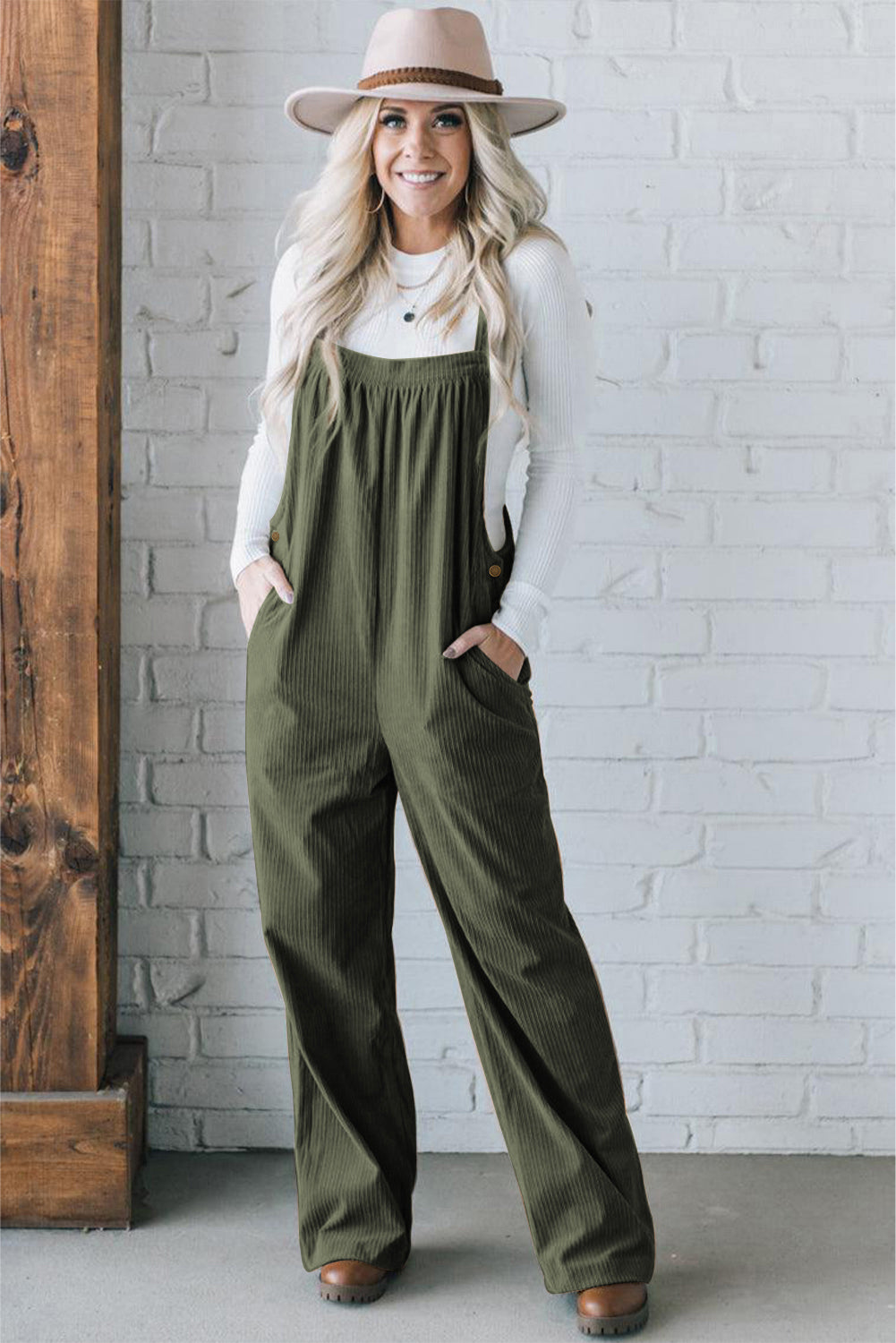 Jungle Green Corduroy Adjustable Strap Jumpsuit