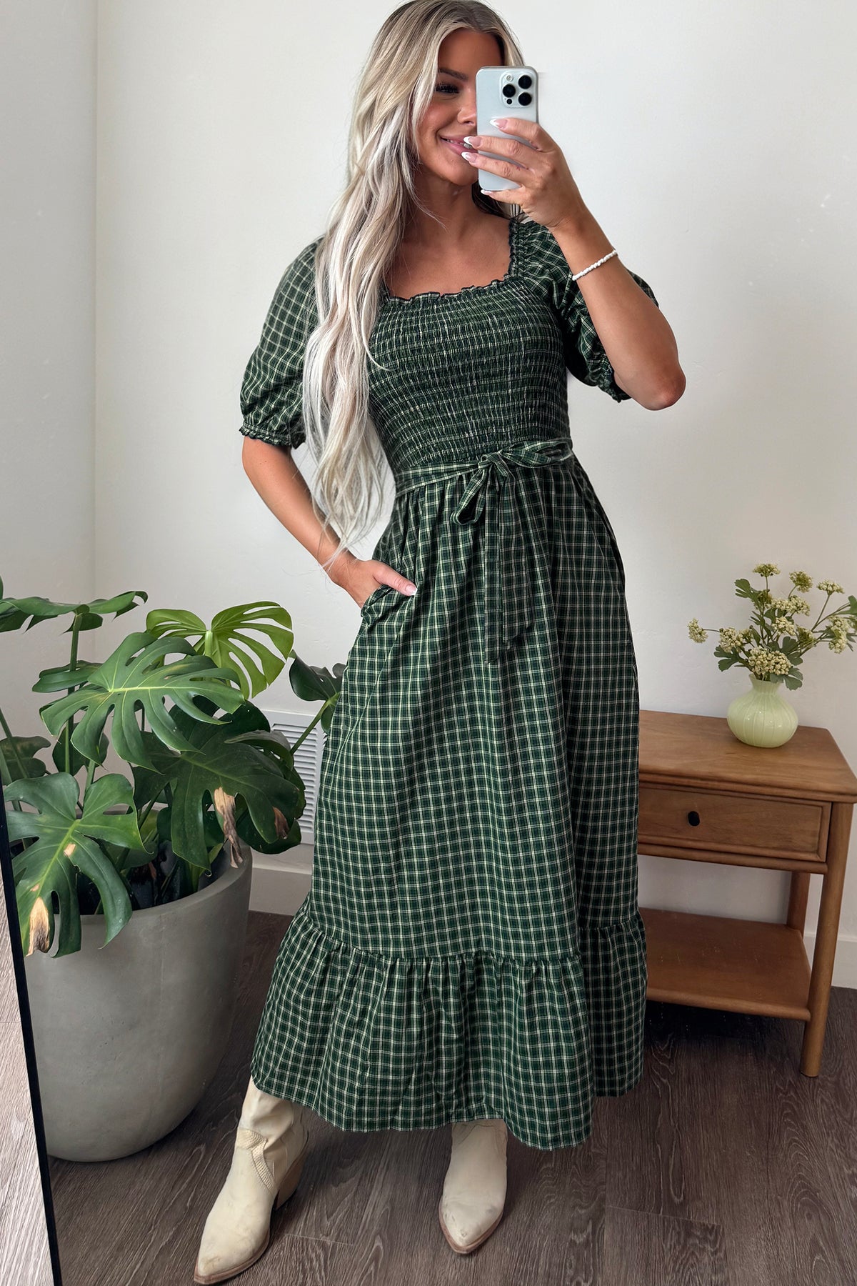 Green Plaid Square Neck Shirred Ruffle Hem Dress