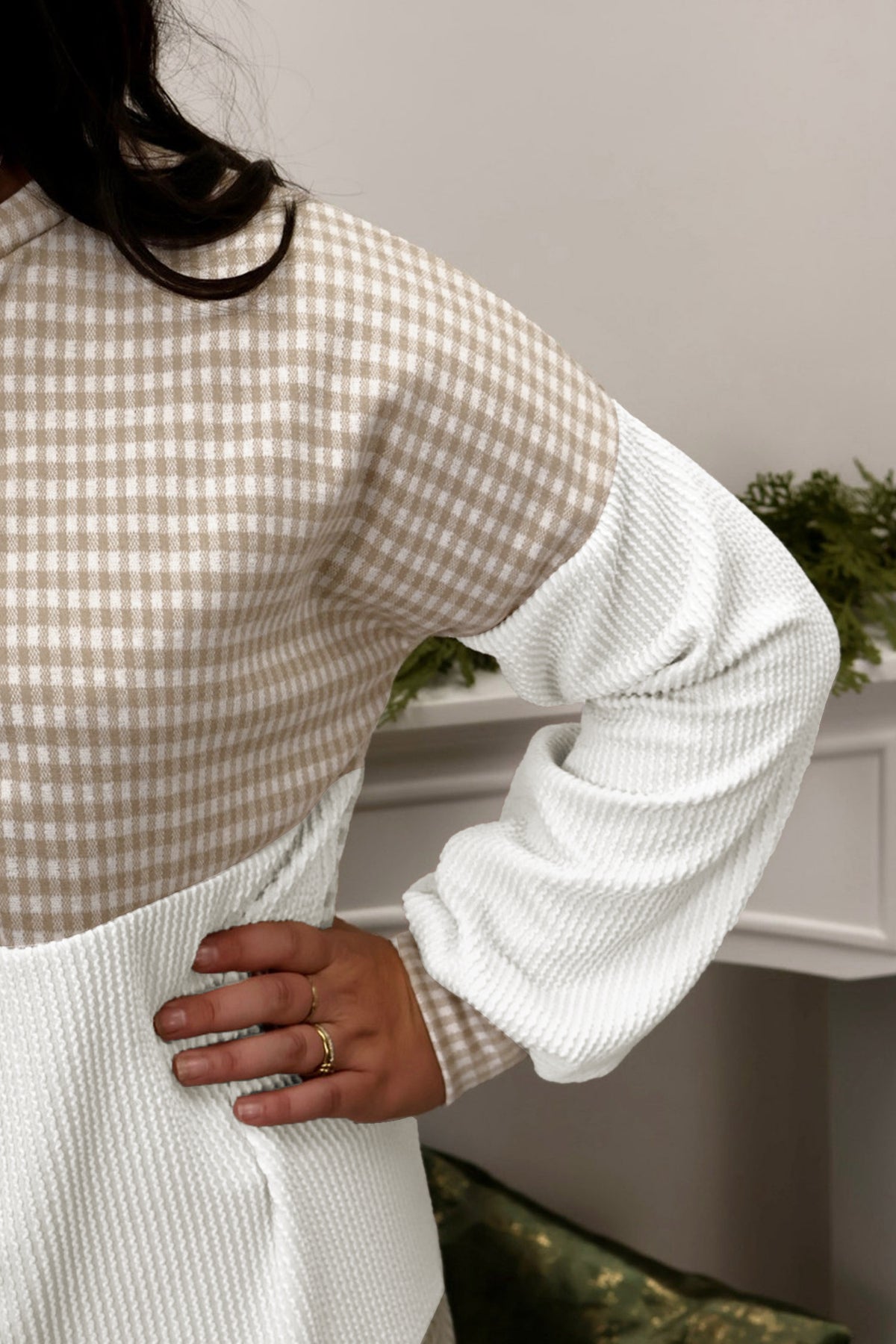 Khaki Patchwork Checkered Long Sleeve Plus Size Blouse