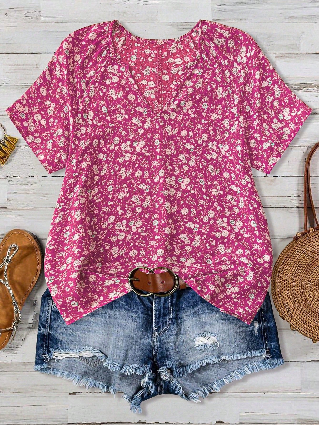 Women's V-Neck Floral Short-Sleeve Top