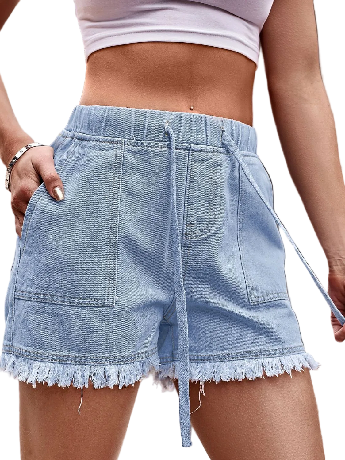 Drawstring Raw Hem Denim Shorts