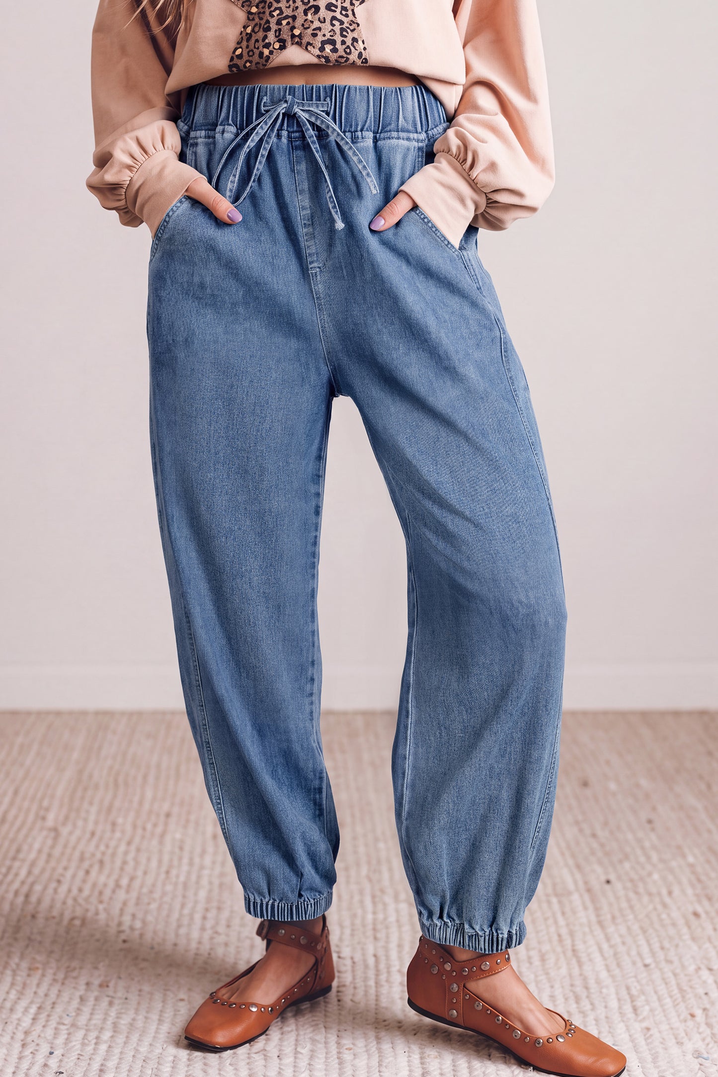 Dusk Blue Elastic Waist Harem Ankle Jeans