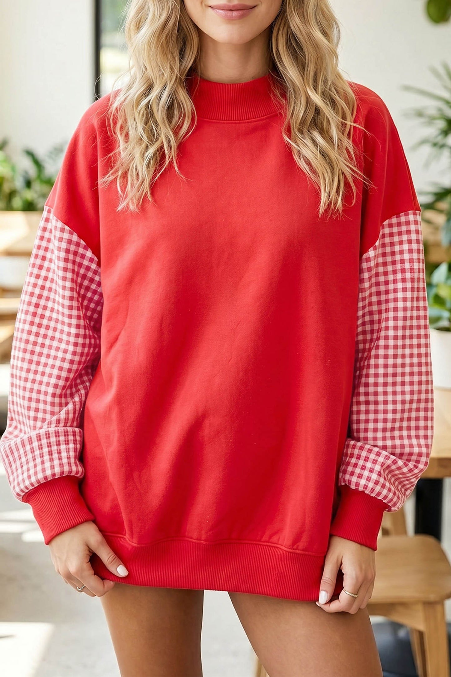 Plaid Sleeve Colorblock Tunic Sweatshirt