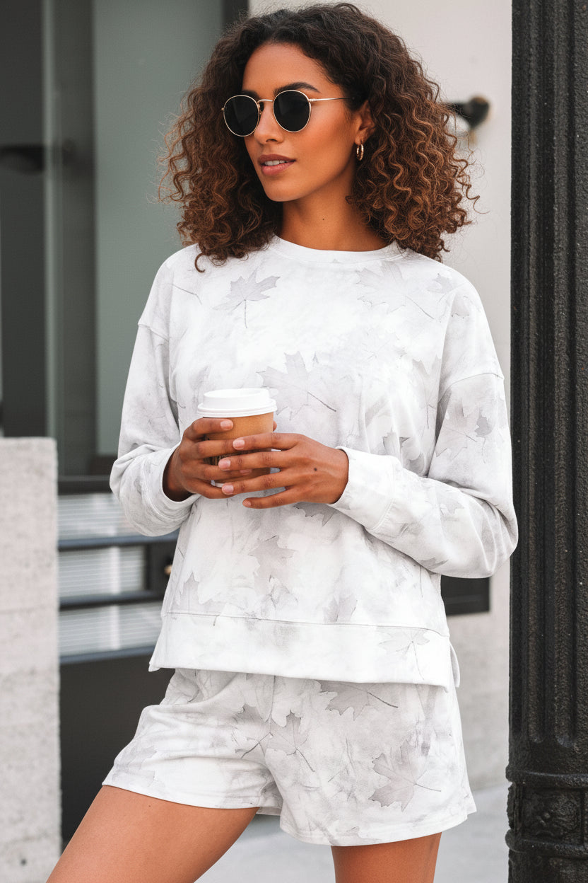 Beige Maple Camo Print Pullover Top and Elastic Waist Casual Short Set