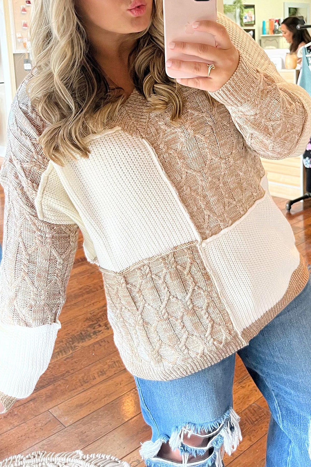 Plus Size SweaterParchment Colorblock V Neck Long Sleeve Tunic Loose Fit