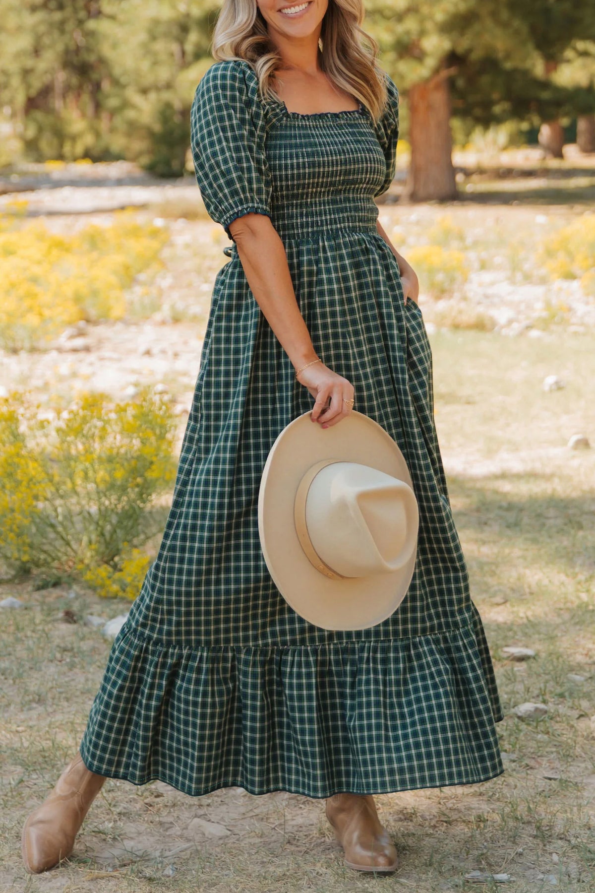Green Plaid Square Neck Shirred Ruffle Hem Dress