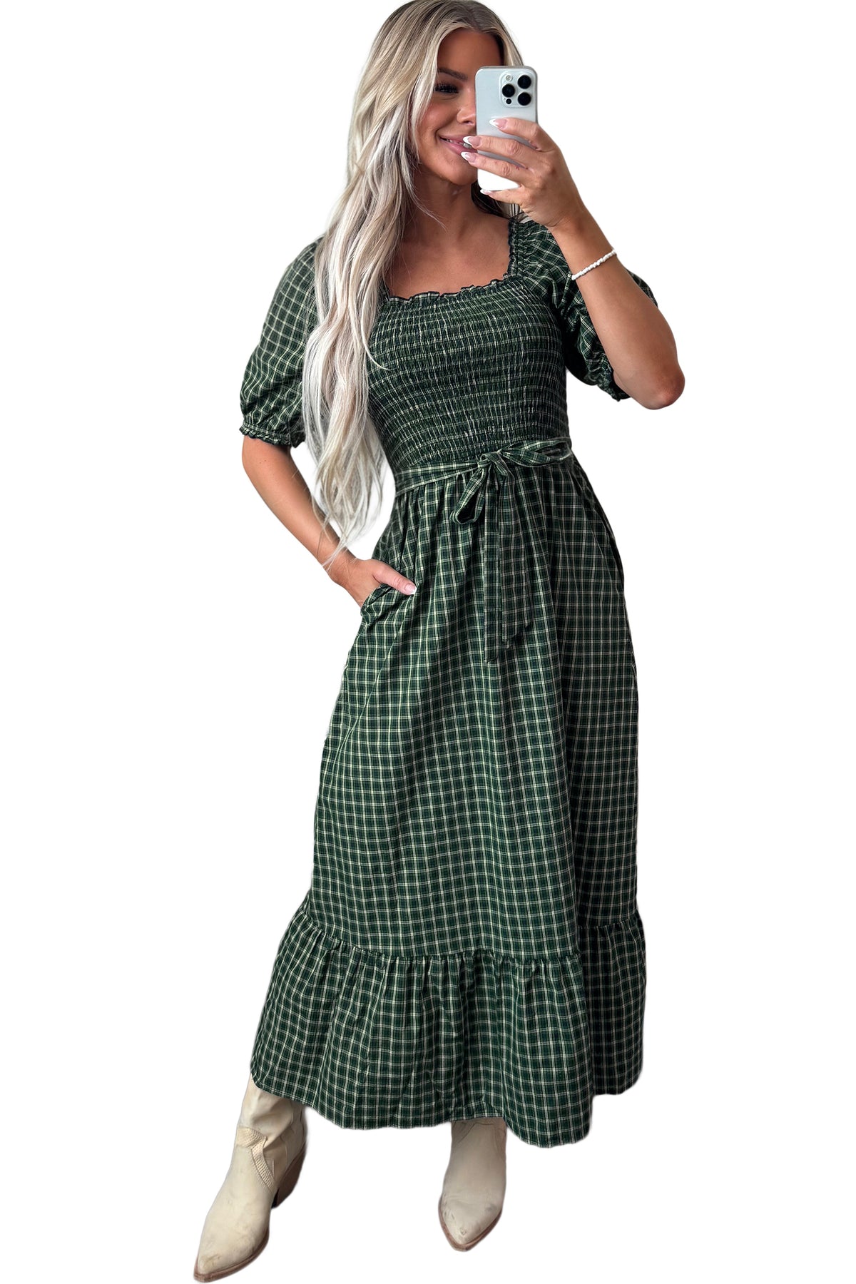 Green Plaid Square Neck Shirred Ruffle Hem Dress