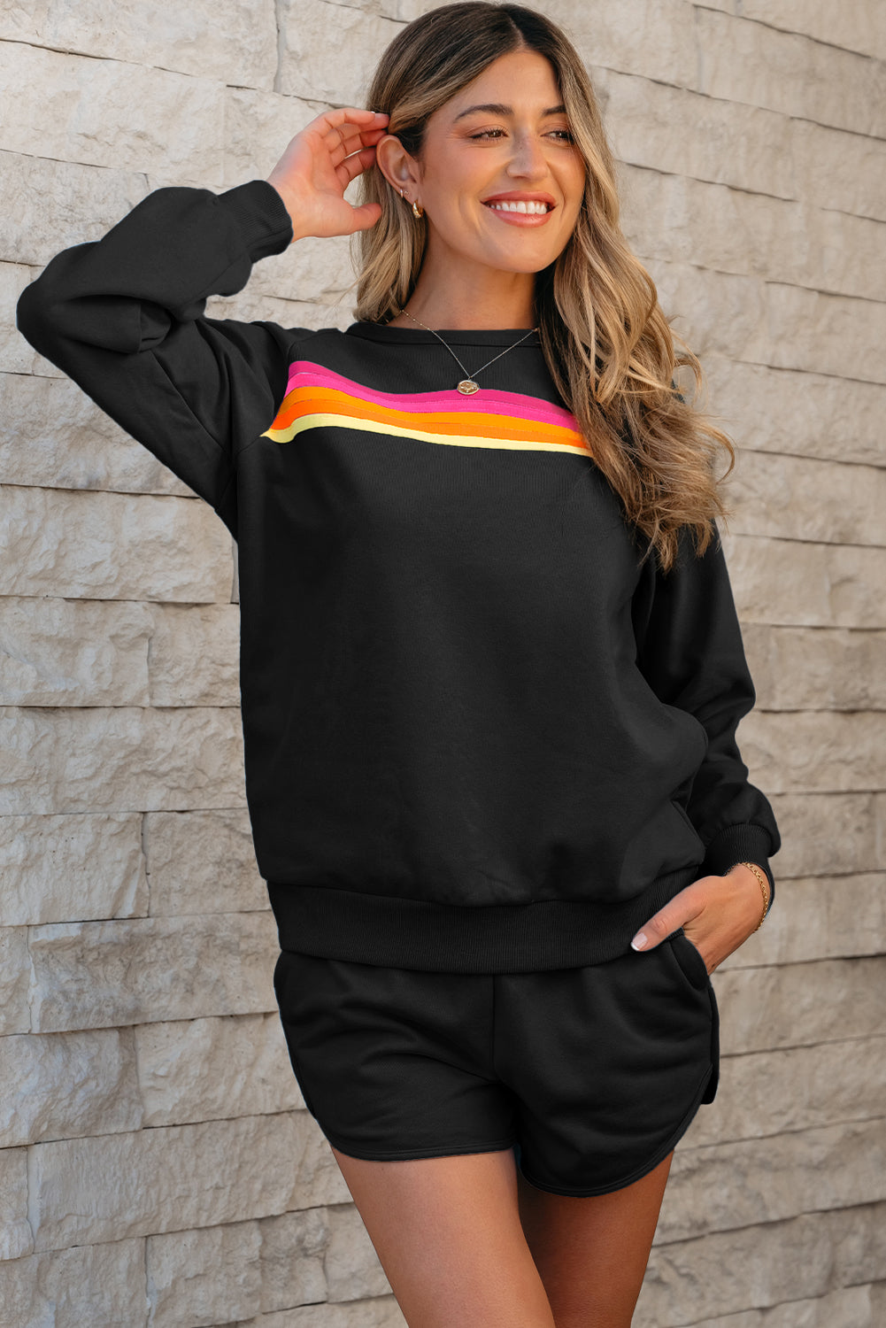 Striped Accent Pullover & Shorts Casual Set