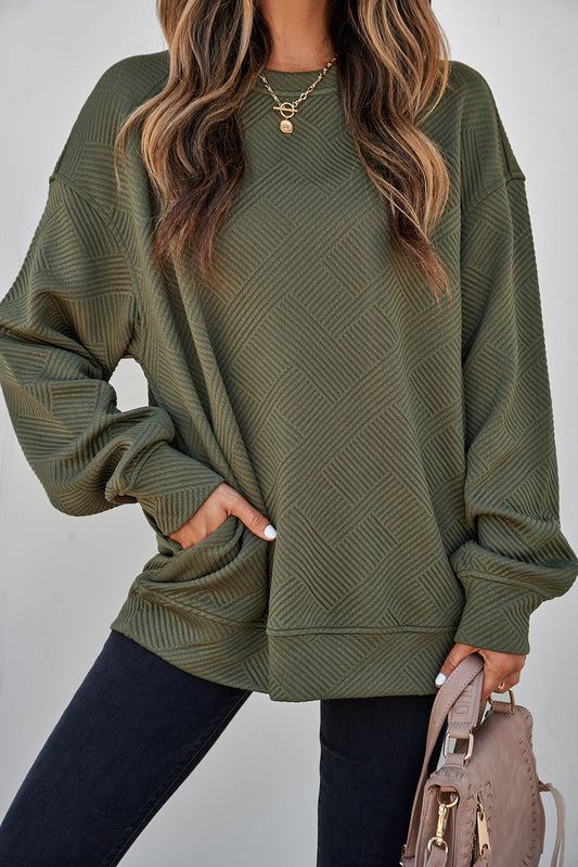 Textured Drop Shoulder Pullover Sweatshirt — Green & Coffee