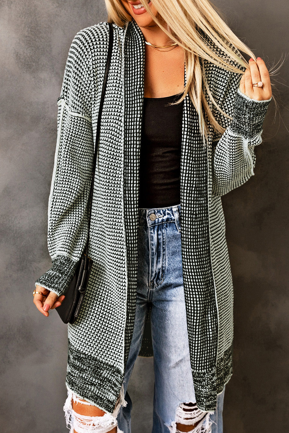 Plaid Knit Long Open-Front Cardigan