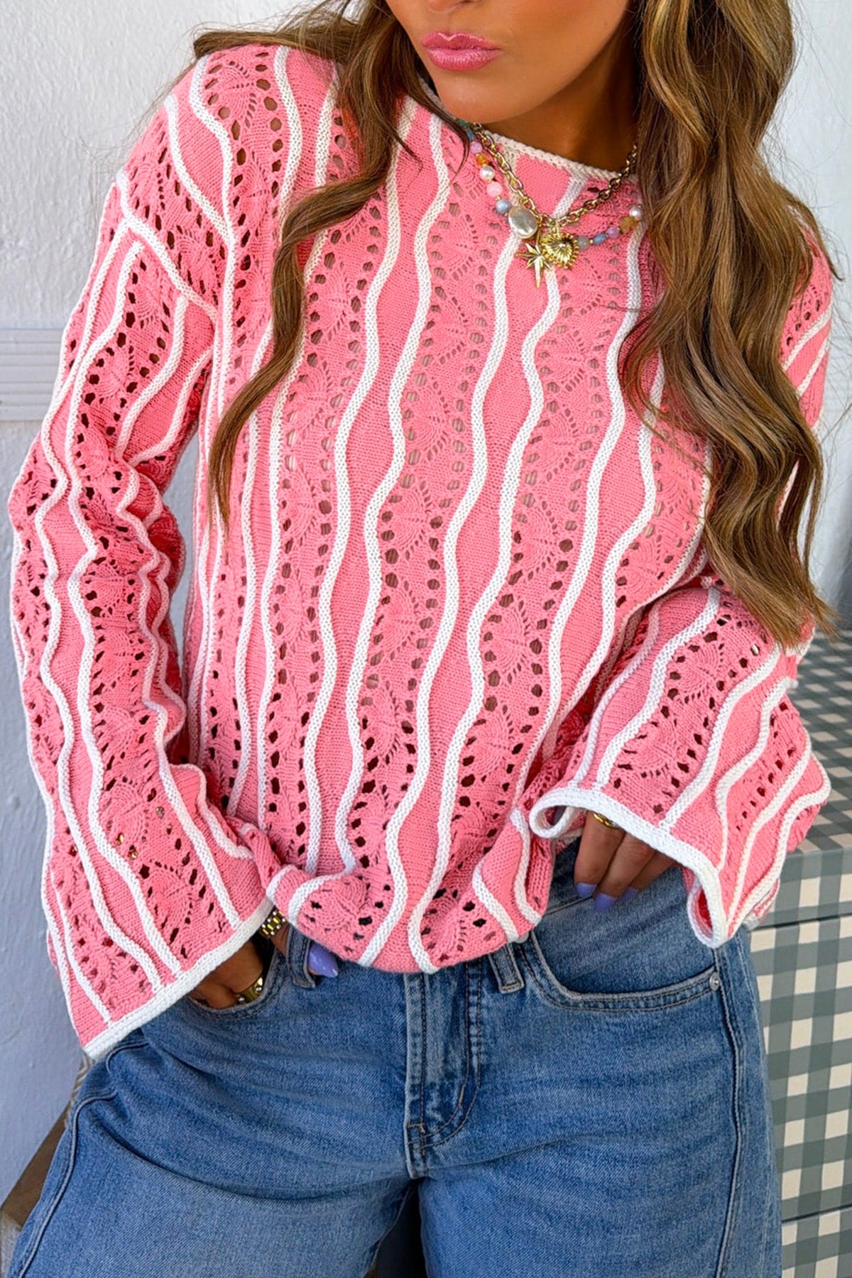 Wavy Detail Eyelet-Knit Cotton Sweater