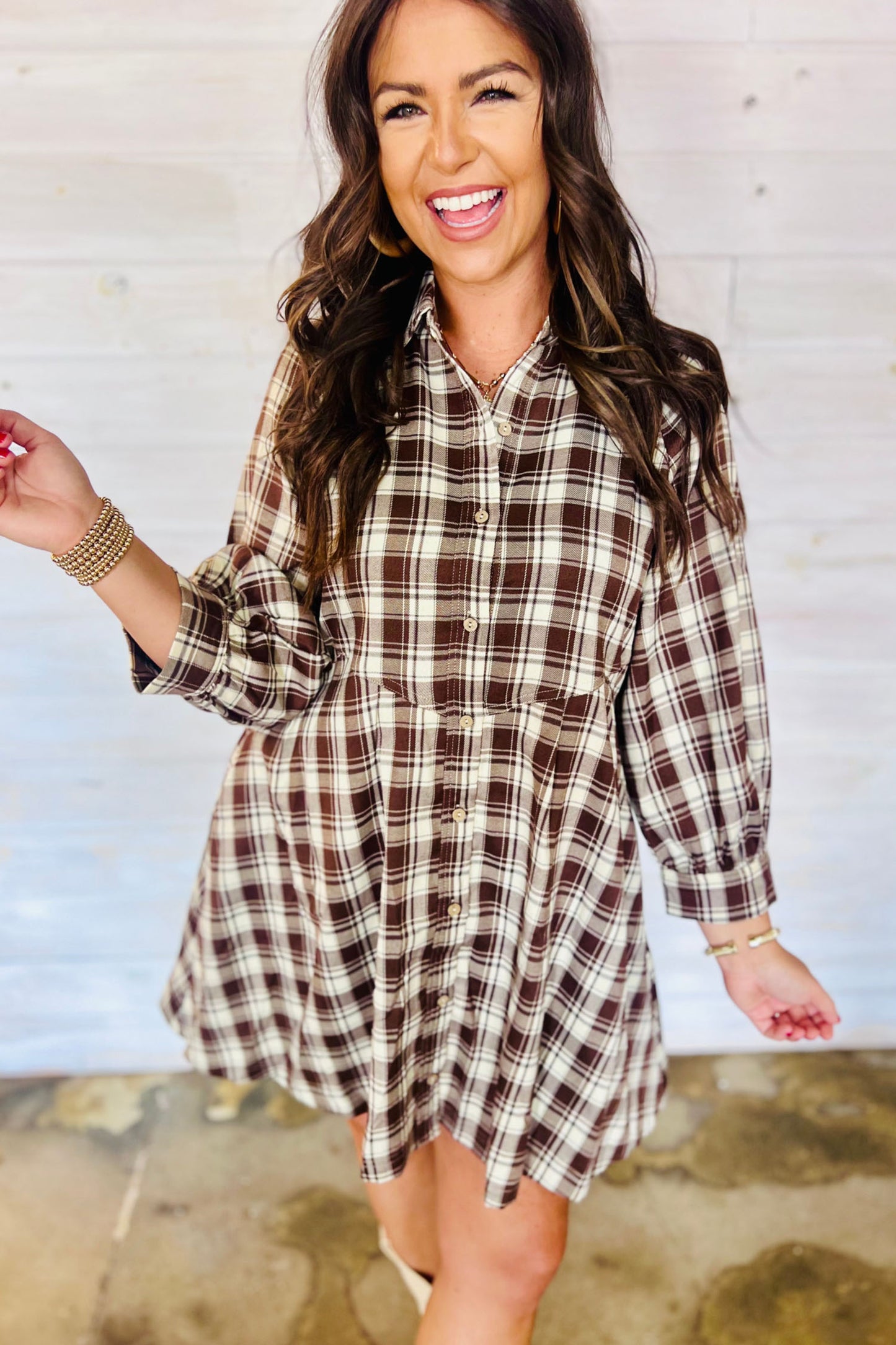 Brown Plaid Long Sleeve Mini Shift Dress