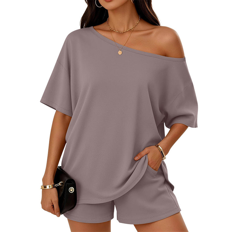 Women's 2-Piece Casual Set | Slant-Neck Top & Shorts
