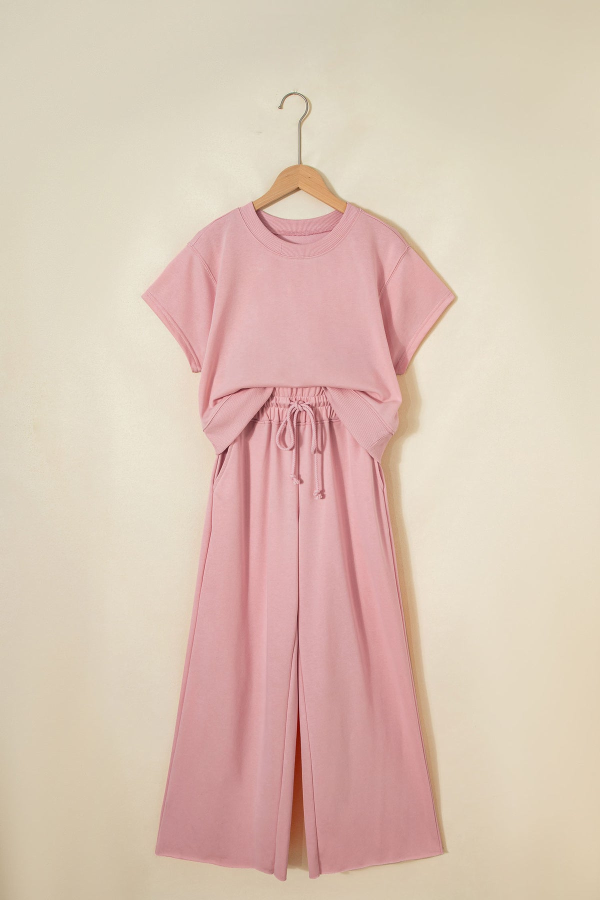 Solid Color Loose Tee & Wide Leg Pants 2-Piece Set