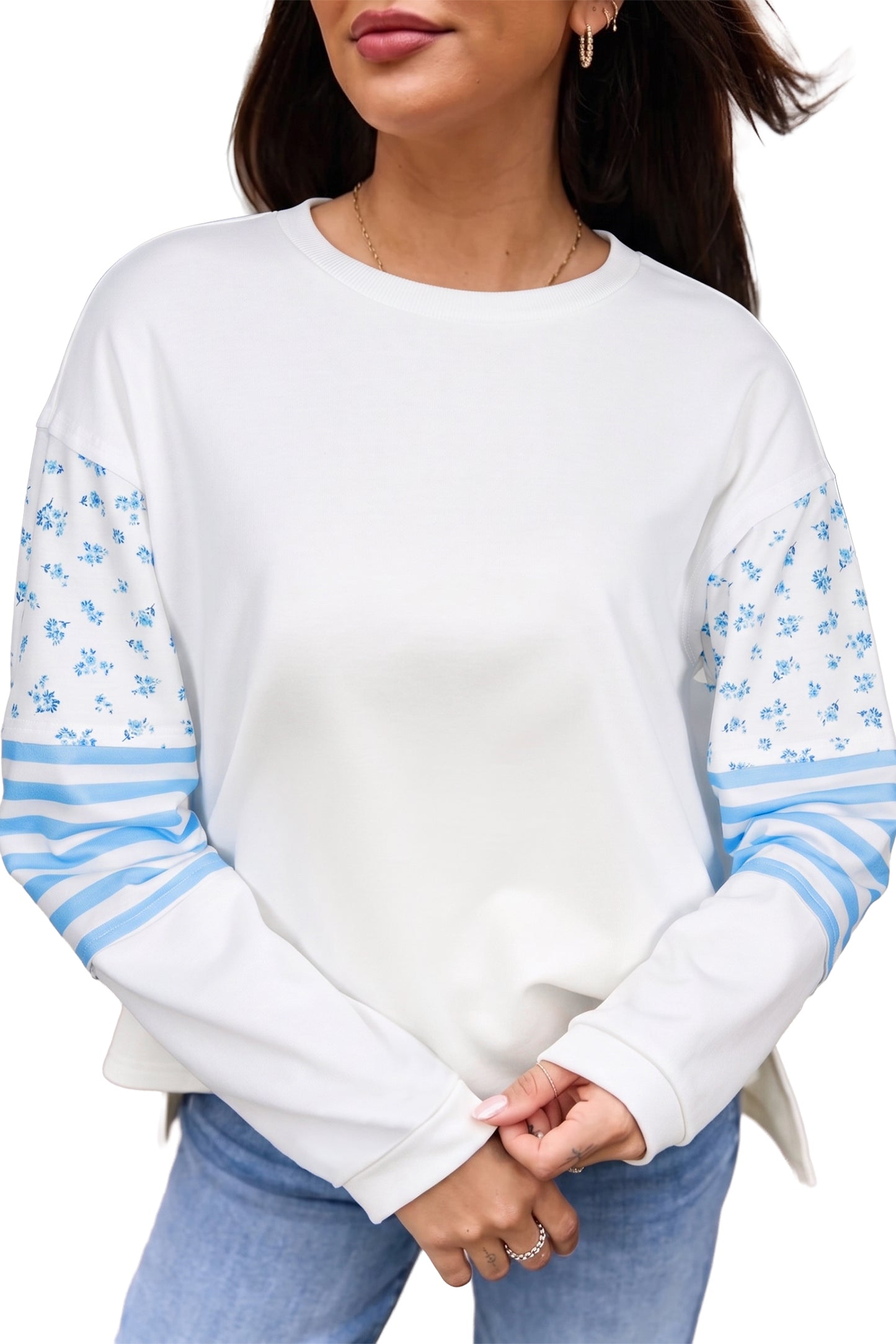 Beige Floral Stripe Contrast Long Sleeve Pullover Top
