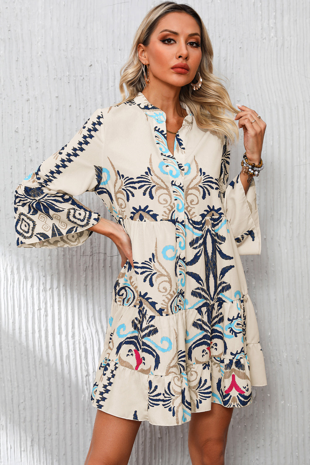 White Printed Button Mini Dress - Bracelet Sleeves