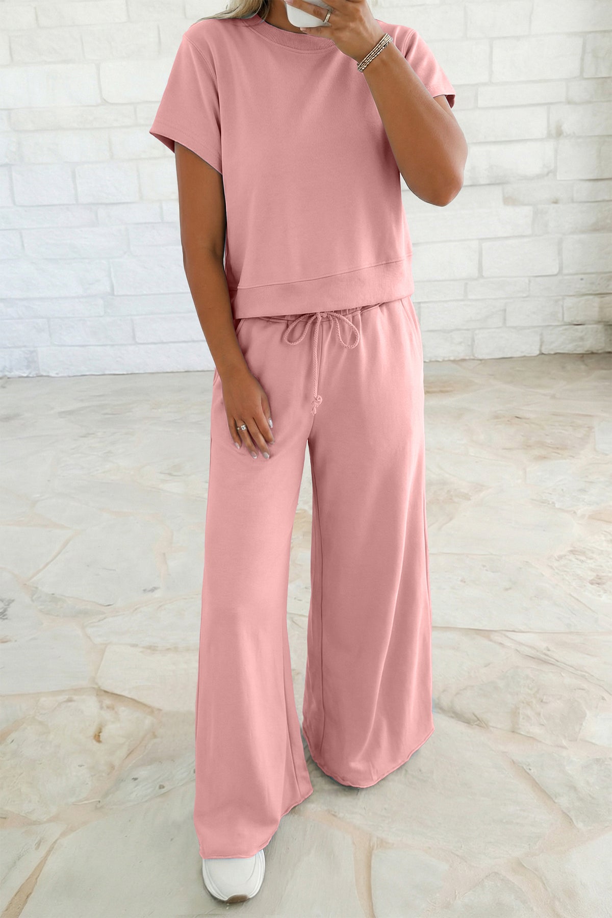 Solid Color Loose Tee & Wide Leg Pants 2-Piece Set