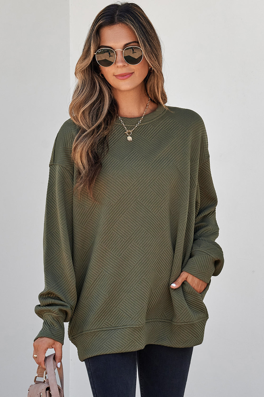 Jungle Green Solid Color Textured Round Neck Drop Shoulder Pullover Sweatshirt