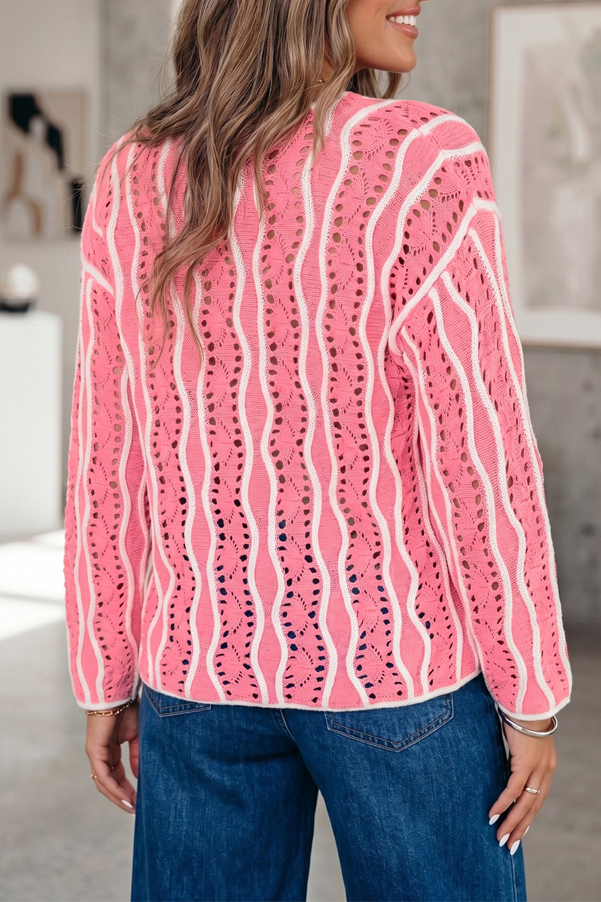 Wavy Detail Eyelet-Knit Cotton Sweater