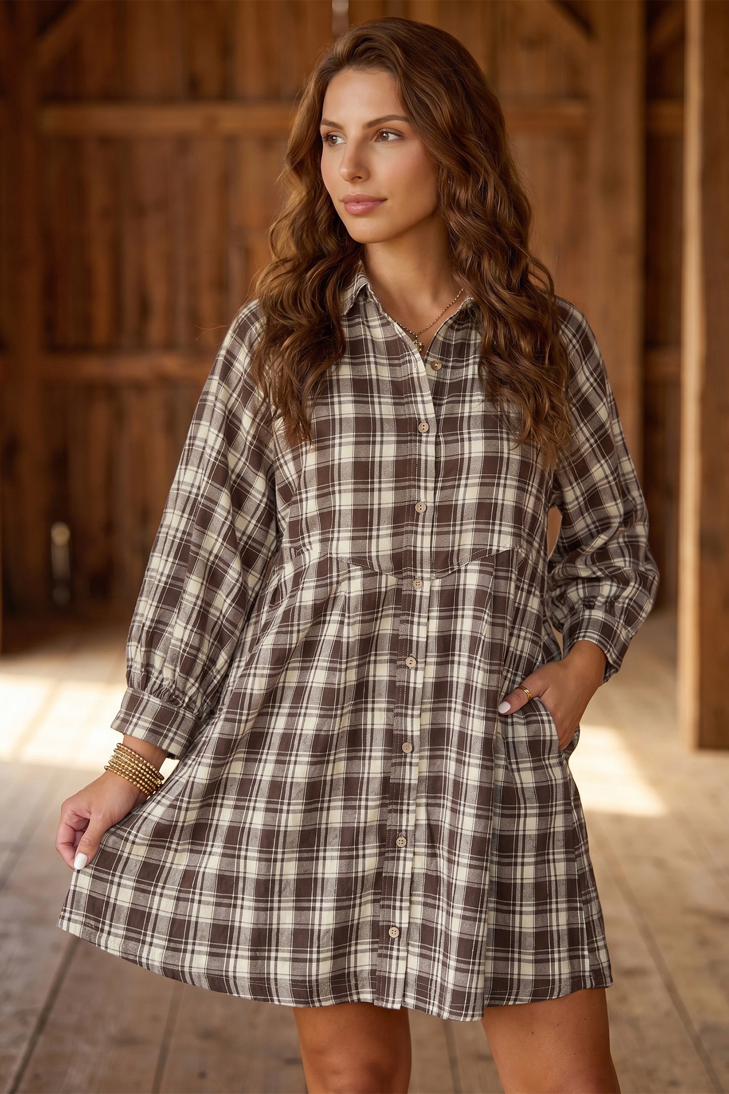 Brown Plaid Long Sleeve Mini Shift Dress